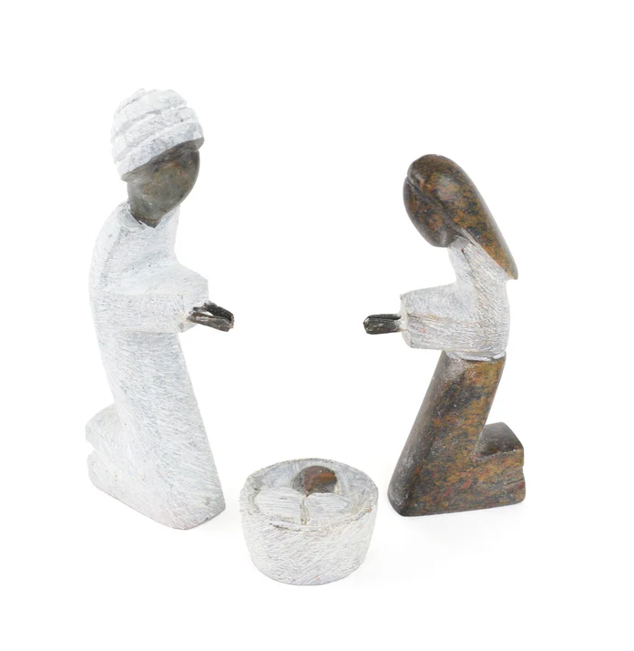 Zimbabwean Serpentine Stone Three Piece Nativity Scene