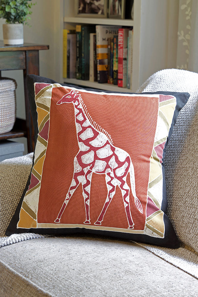 Zambian Hand Painted Bush Clay Giraffe Pillow Cover with Optional Insert