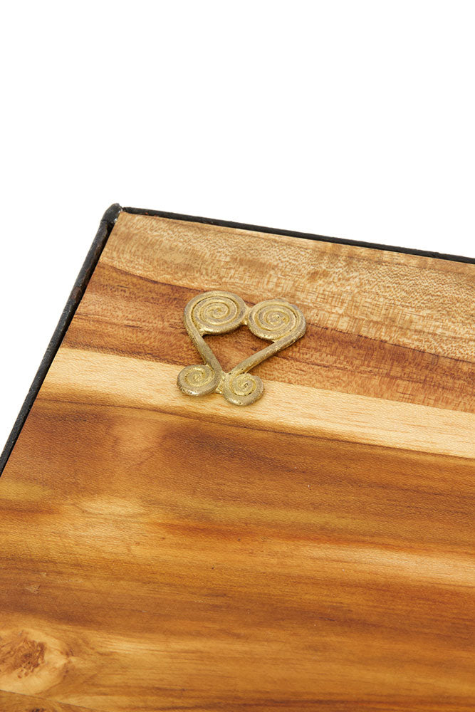 Ghanaian Teak and Metal Accent Table with Brass Sankofa Symbol