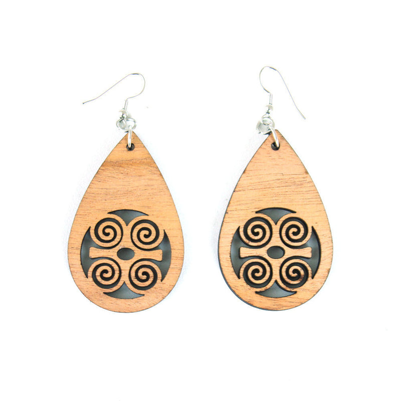 Wooden Tear Drop Earrings - Adinkra