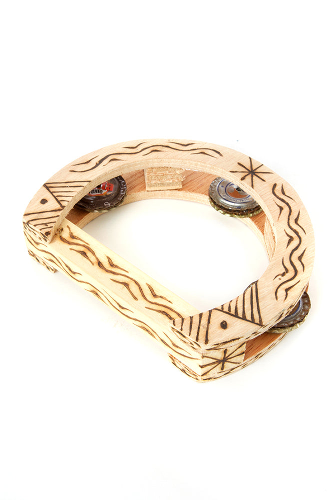 Burned Balsa Wood and Bottle Cap Tambourine