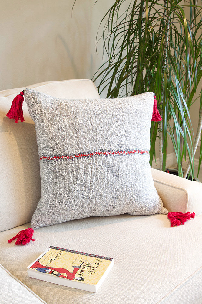 Ethiopian Cotton & Silk Estella Pillow with Scarlet Tassels and Optional Insert