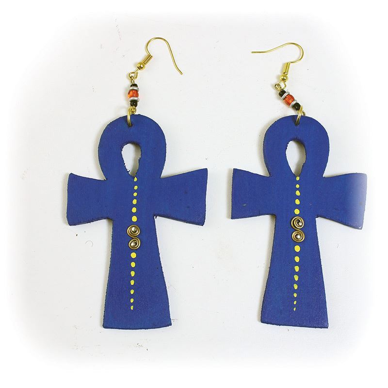 Blue Wood Ankh Earrings