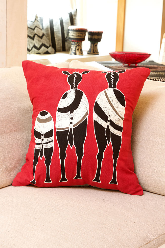 Zambian Hand Painted Red Zebra Family Pillow Cover with Optional Insert