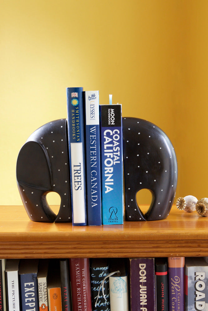 Black Polka Dot Soapstone Elephant Bookends