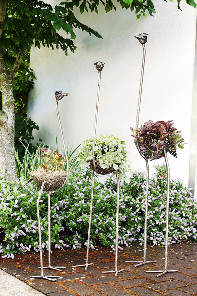 Tall Recycled Metal Ostrich Planters