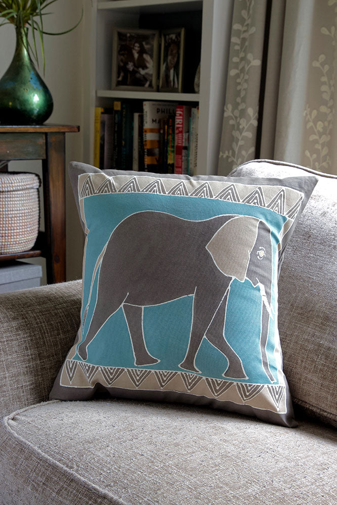 Zambian Hand Painted Bush Sky Elephant Pillow Cover with Optional Insert