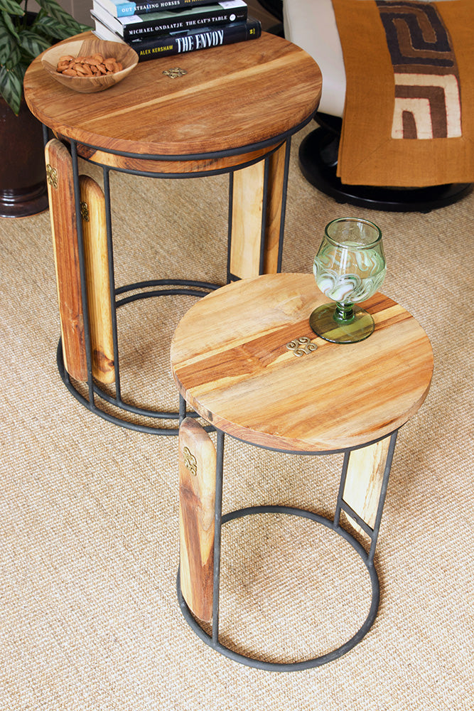 Set of Three Round Ghanaian Nesting Tables with Brass Dwennimmen Symbols