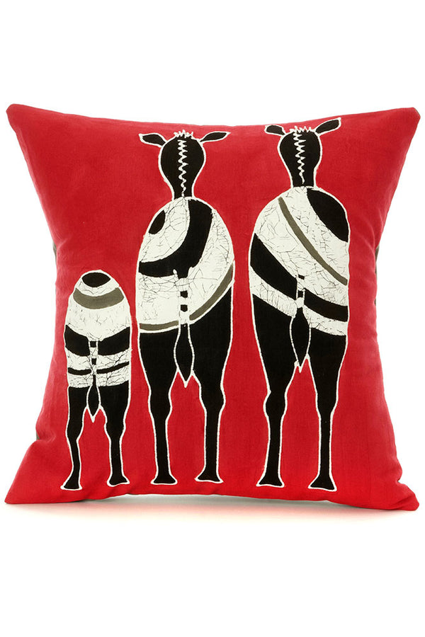 Zambian Hand Painted Red Zebra Family Pillow Cover with Optional Insert