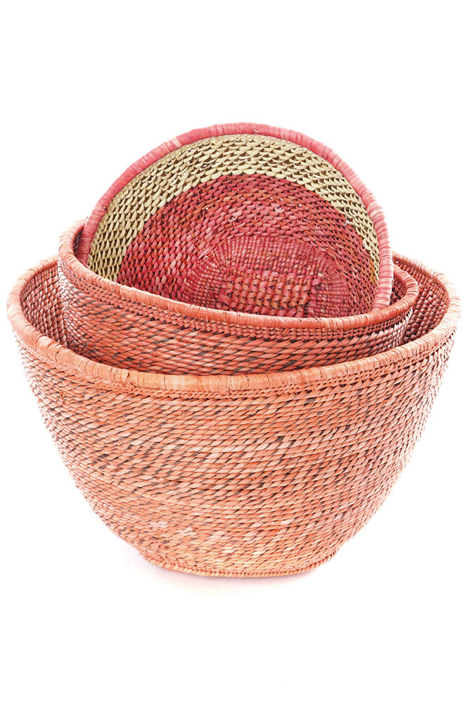 Set of Three Nesting Zambian Table Baskets in Salmon & Natural