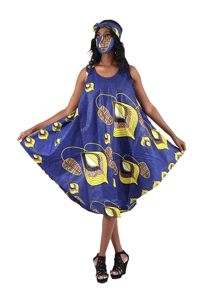 African Print Umbrella Dress/Mask Set