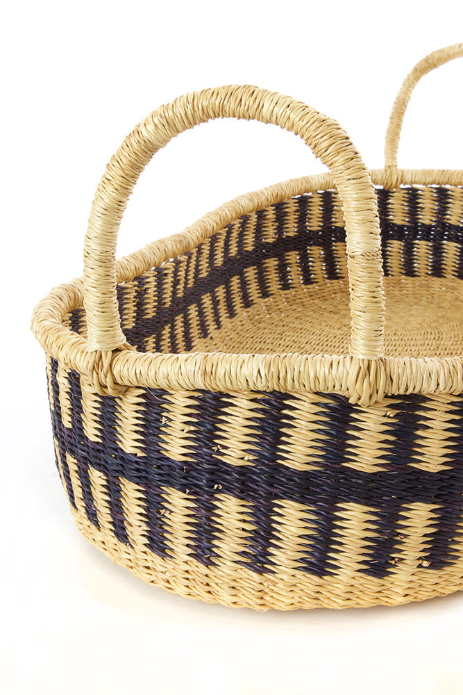 Ghanaian Dark Blue and Natural Shallow Oval Basket with Handles