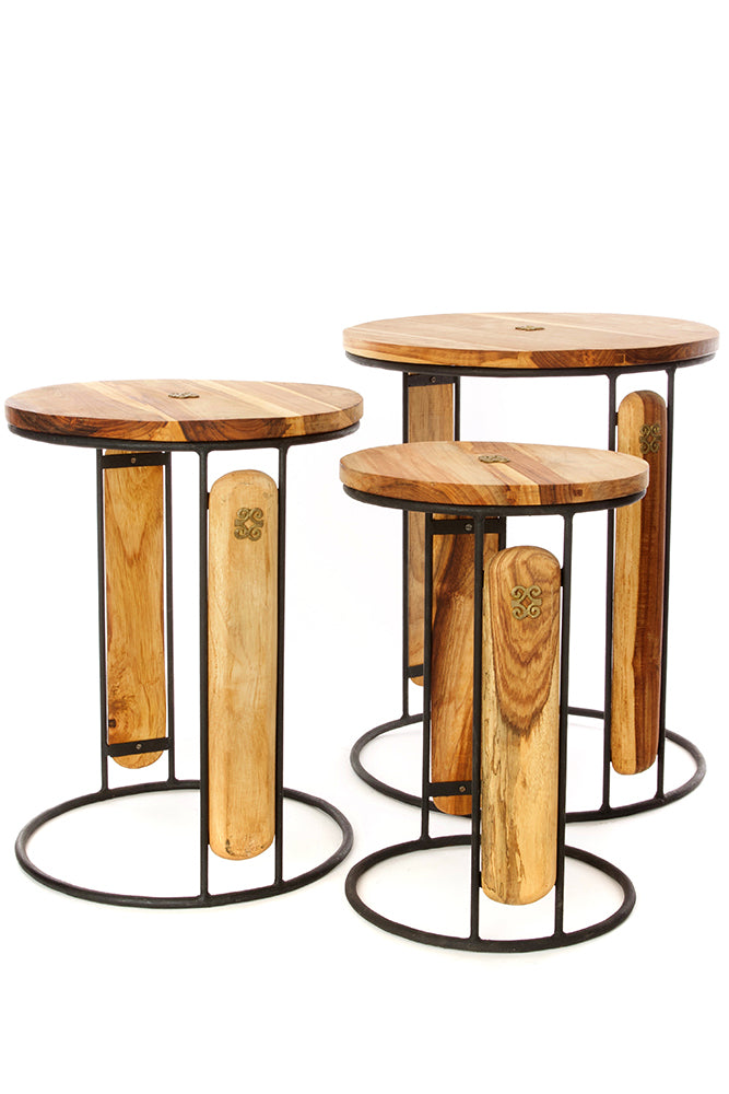 Set of Three Round Ghanaian Nesting Tables with Brass Dwennimmen Symbols