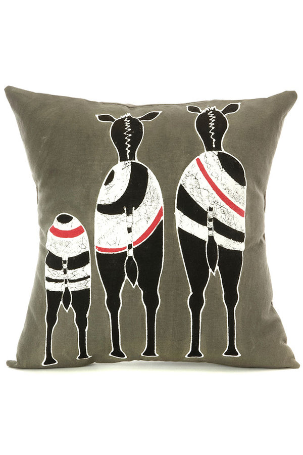 Zambian Hand Painted Gray Zebra Family Pillow Cover with Optional Insert