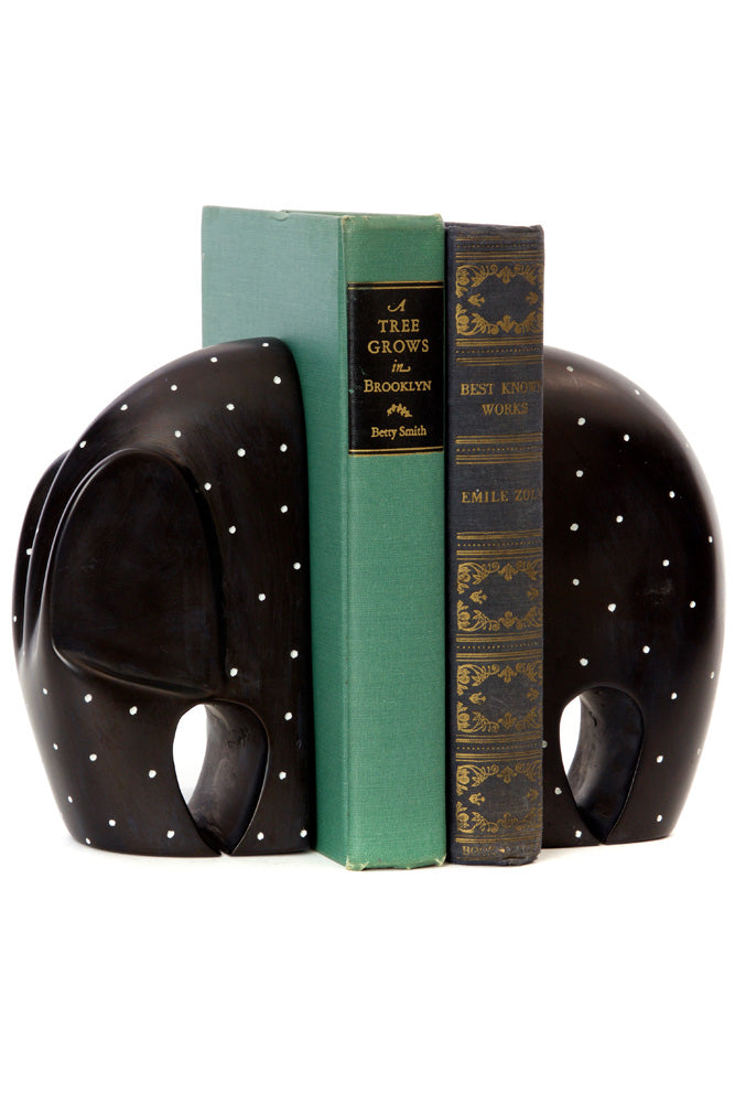 Black Polka Dot Soapstone Elephant Bookends