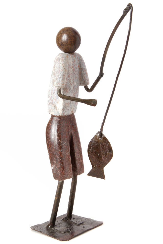 Zimbabwean Simple Life Stone and Metal Fisherman Sculpture