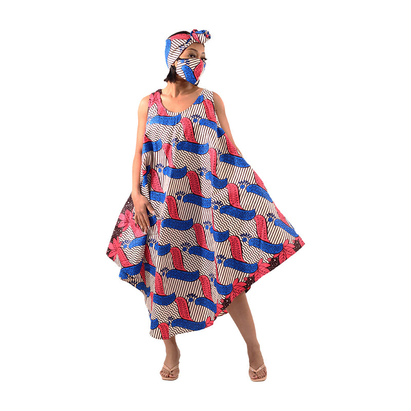 African Print Umbrella Dress/Mask Set