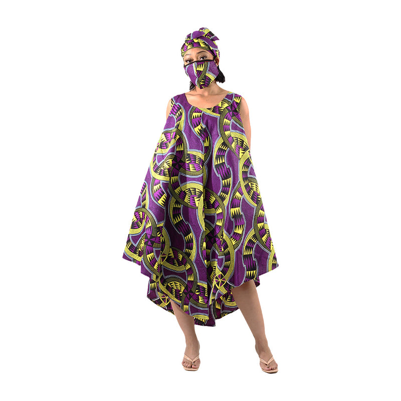 African Print Umbrella Dress/Mask Set