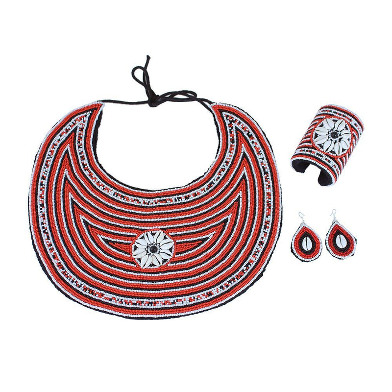 Red Beaded Cowrie Shell Jewellery Set