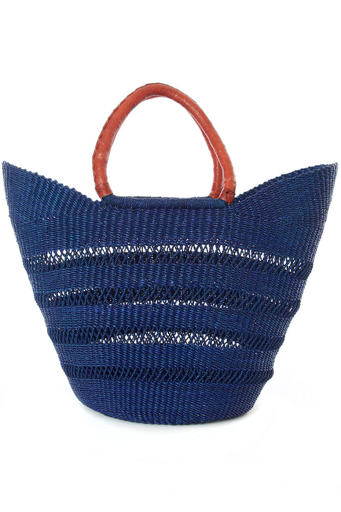 Navy Blue Ghanaian Lacework Wing Shopper with Leather Handles