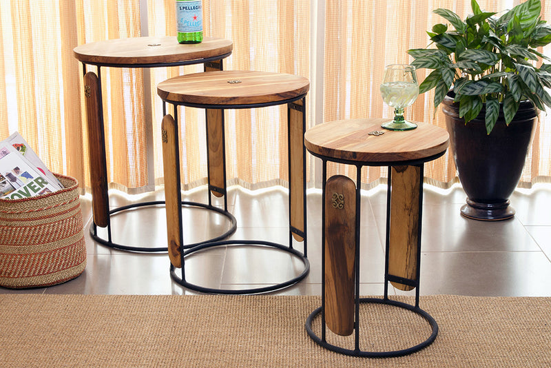 Set of Three Round Ghanaian Nesting Tables with Brass Dwennimmen Symbols