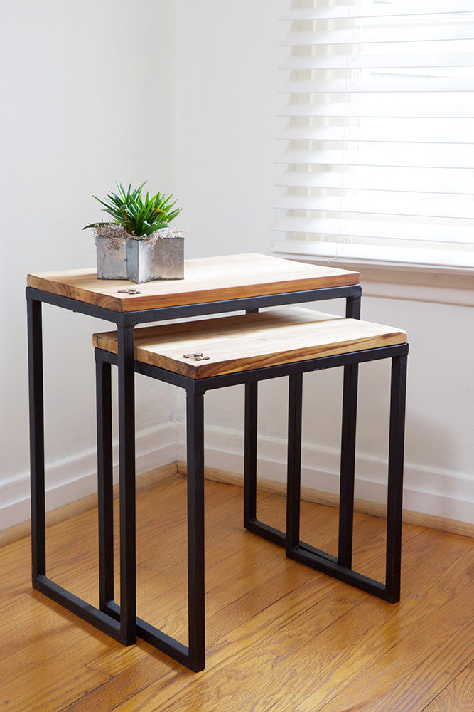 Set of Three Ghanaian Nesting Tables with Brass Sankofa Symbols