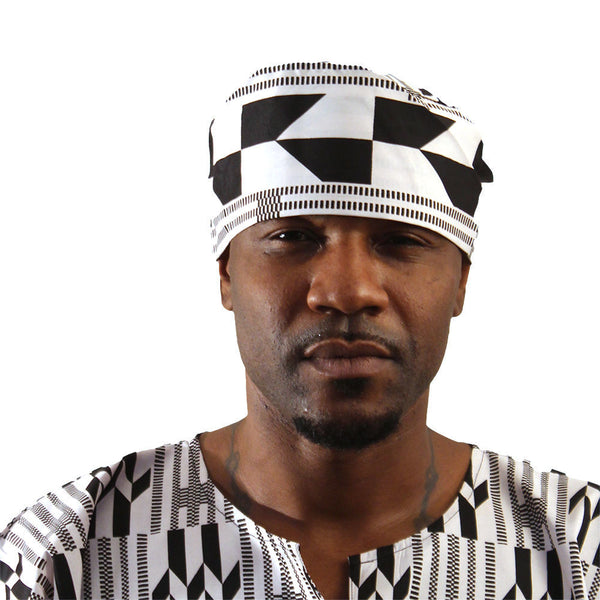 Black & White Kente Kufi Cap