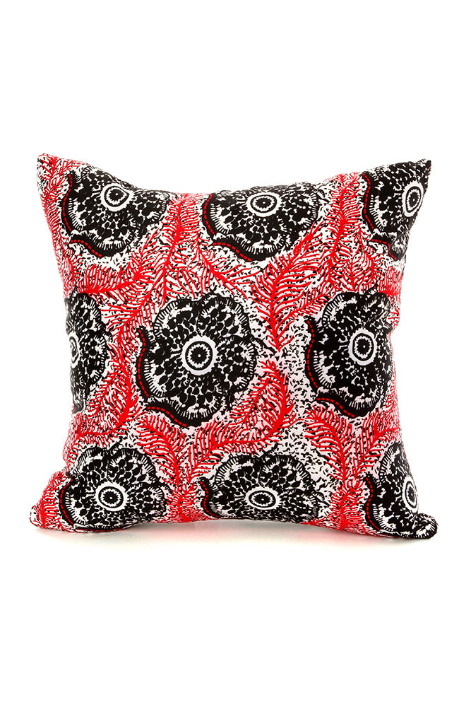 Red & Black Floral Pillow Cover from Nigeria with Optional Insert