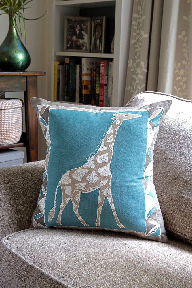 Zambian Hand Painted Bush Sky Giraffe Pillow Cover with Optional Insert