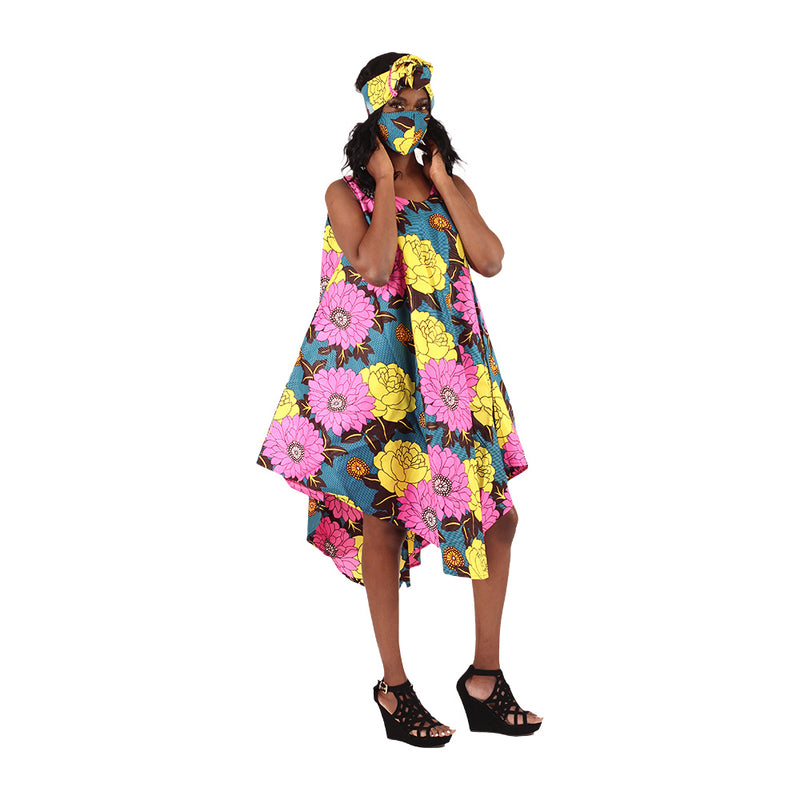 African Print Umbrella Dress/Mask Set