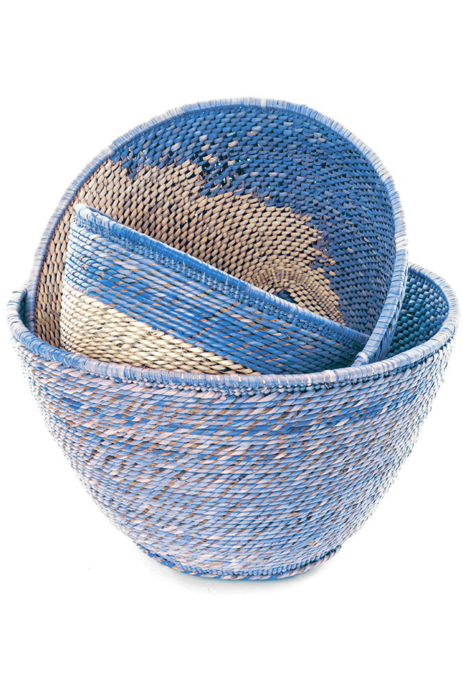 Set of Three Nesting Zambian Table Baskets in Blue & Natural