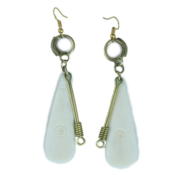 White Bone & Brass Dangle Drop Earrings