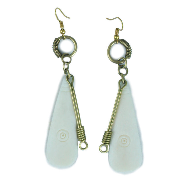 White Bone & Brass Dangle Drop Earrings