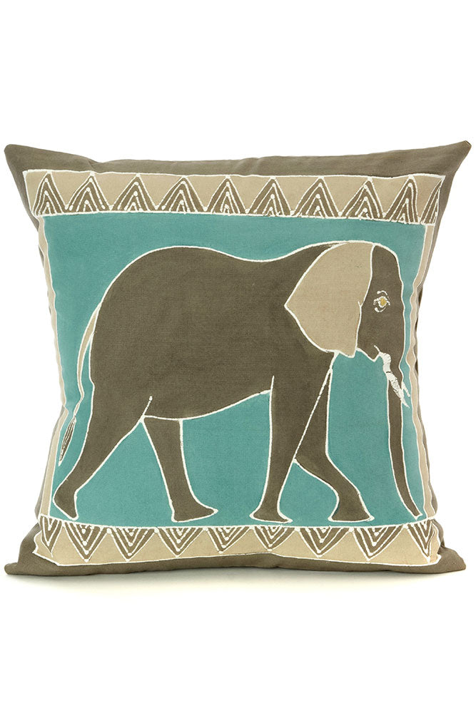 Zambian Hand Painted Bush Sky Elephant Pillow Cover with Optional Insert