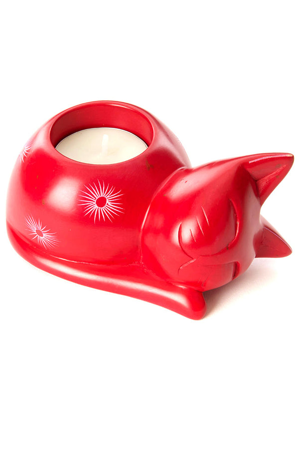 Red Soapstone Cozy Cat Tea Light Candle Holder