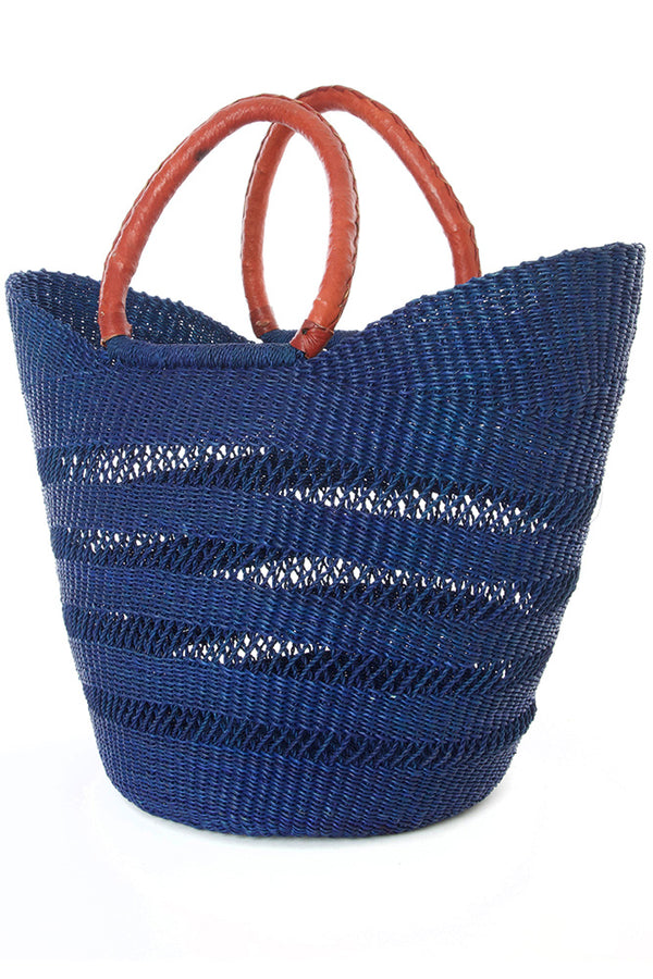 Navy Blue Ghanaian Lacework Wing Shopper with Leather Handles