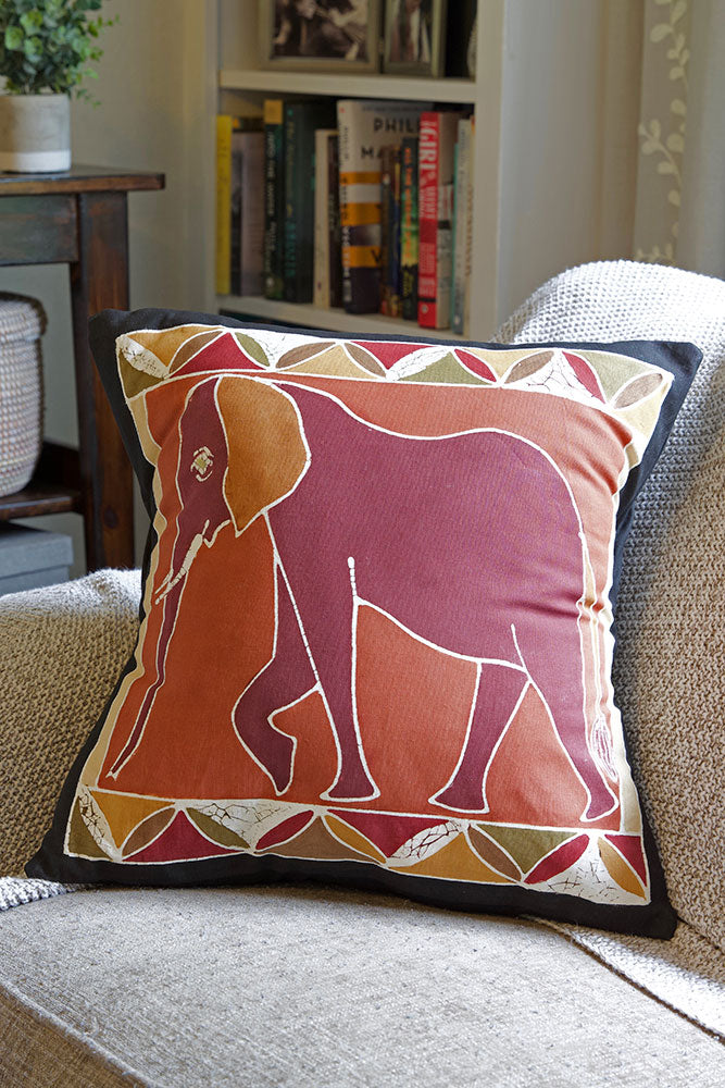 Zambian Hand Painted Bush Clay Elephant Pillow Cover with Optional Insert