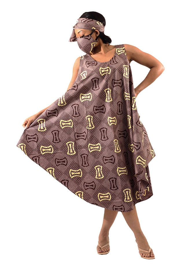 African Print Umbrella Dress/Mask Set