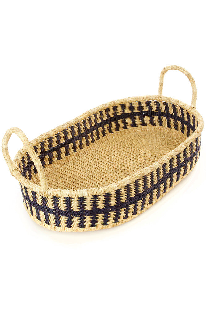 Ghanaian Dark Blue and Natural Shallow Oval Basket with Handles