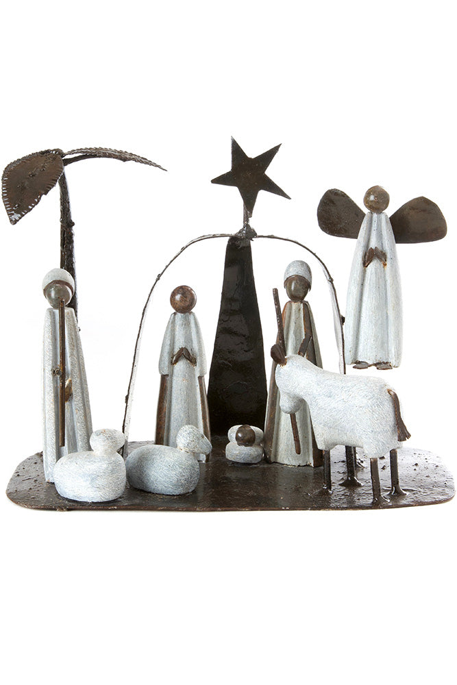 Zimbabwean Serpentine Stone and Metal Archway Nativity Scene