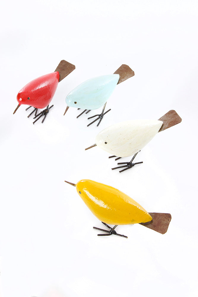 Set of Four Colorful Painted Stone and Metal Birds