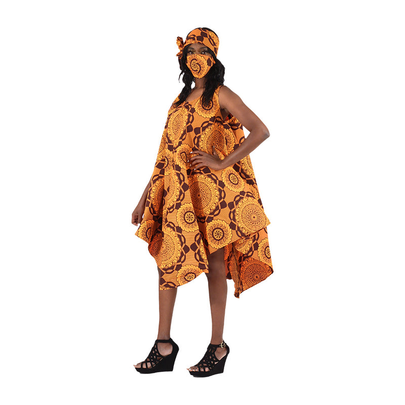 African Print Umbrella Dress/Mask Set