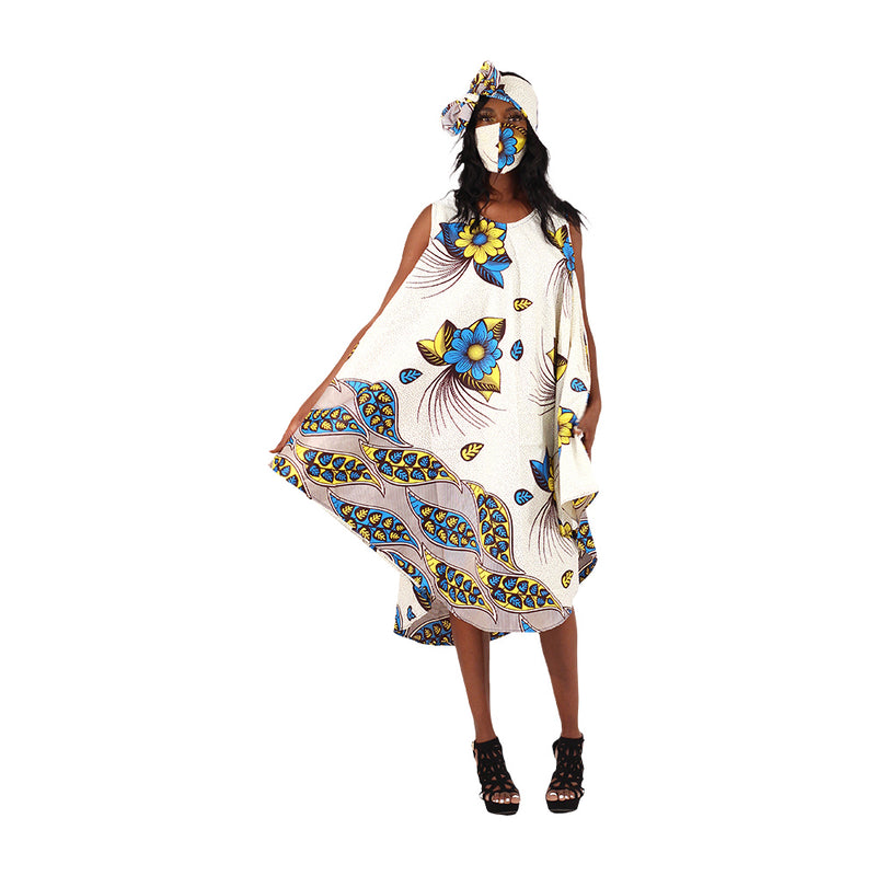 African Print Umbrella Dress/Mask Set