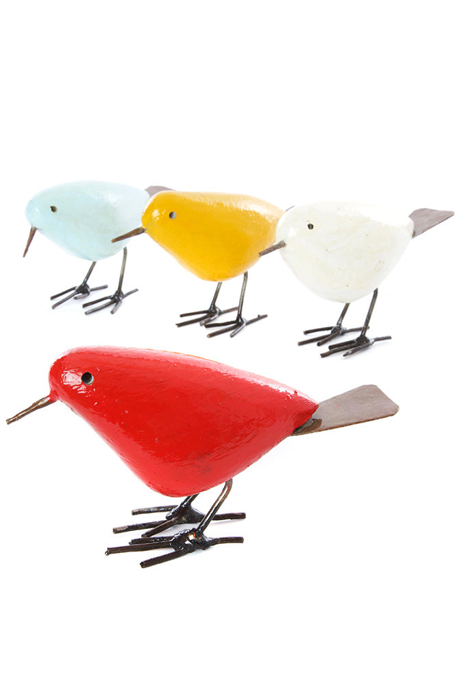 Set of Four Colorful Painted Stone and Metal Birds