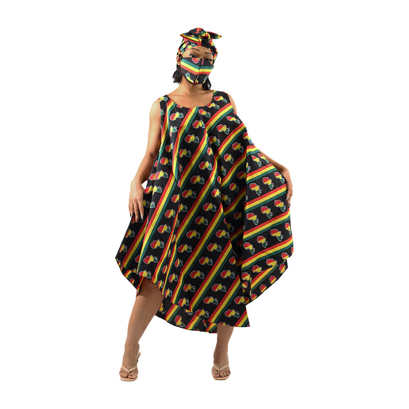 African Print Umbrella Dress/Mask Set