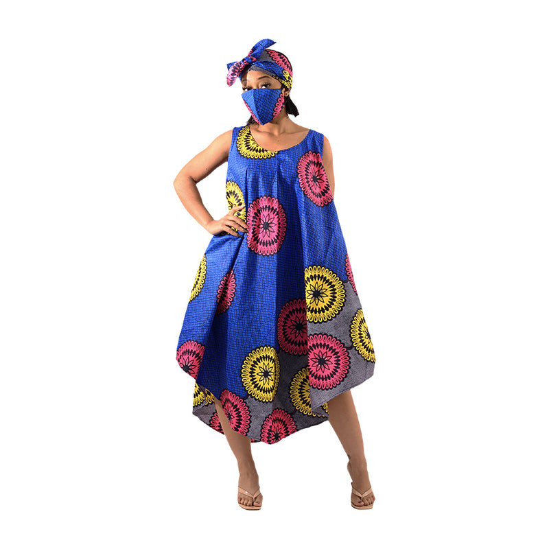 African Print Umbrella Dress/Mask Set