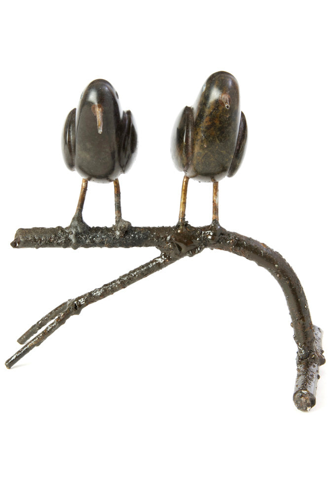 Double Songbird on Branch Stone and Metal Sculpture