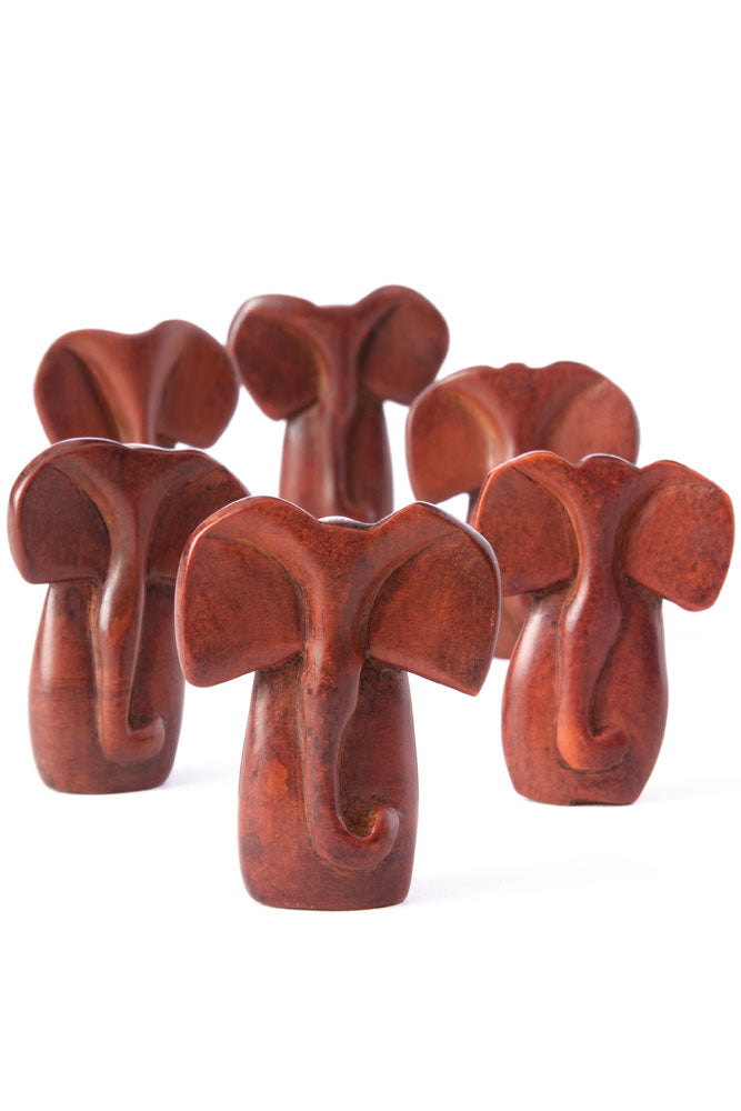 Set of Six - Brown Soapstone Mini Elephant Busts