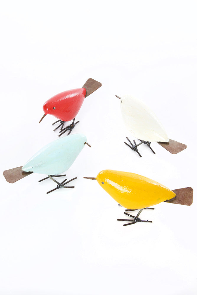 Set of Four Colorful Painted Stone and Metal Birds