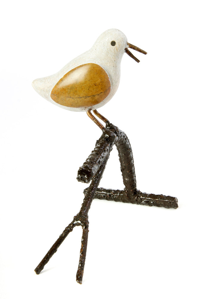 Single Songbird on Branch Stone and Metal Sculpture